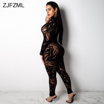Bamboo Leaf Sheer Mesh Sexy Black Bodysuit Women Long Sleeve Perspective Bodycon Jumpsuit Casual O Neck Night Club Party Catsuit